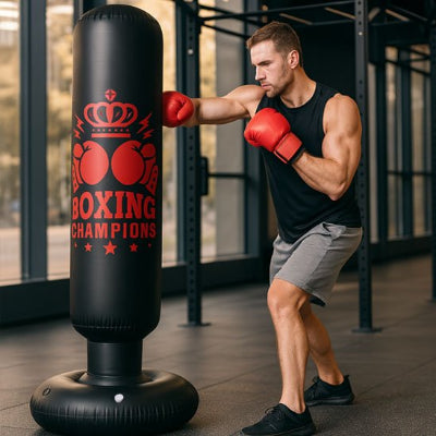 homme s'entraine frappe un sac de frappe bras tendu