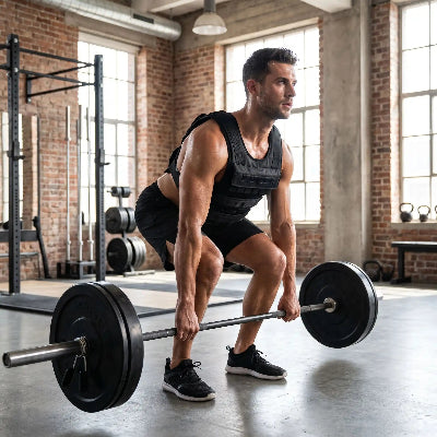 Homme souleve barre haltere avec gilet lesté 20 kg