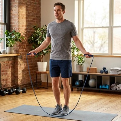 Homme sur un tapis yoga saute avec corde a sauter