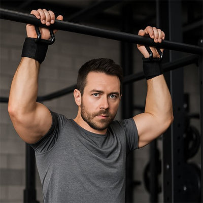 homme suspendu a sa barre sangle de tirage noire avec crochet