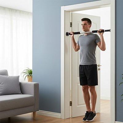 homme t-shirt gris exercice avec barre de traction porte 
