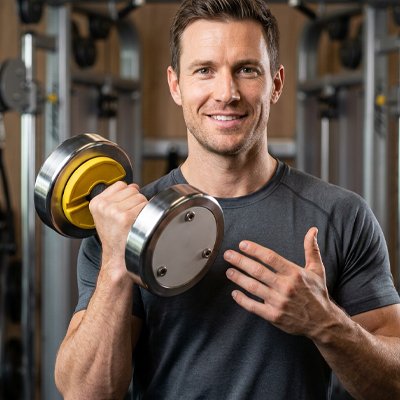 homme tient son haltere avec surplus de pois disque musculation