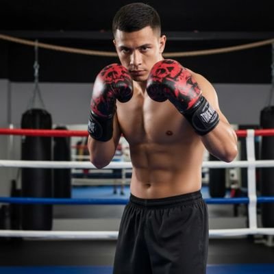 homme torse nu ring de boxe gant de boxe noir rouge