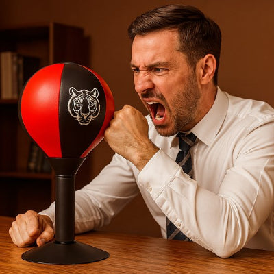 il a l aire tres en colere le poing serre punching ball