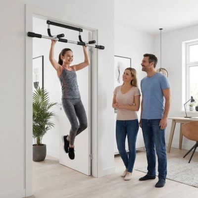 jeune fille suspendue a barre a traction papa maman regardent