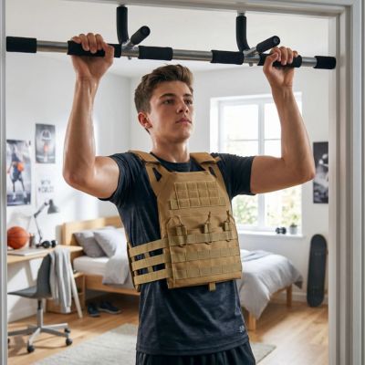 jeune homme suspendu a barre de traction avec gilet lesté