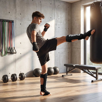 Jeune sportif portant un protège tibia pendant un coup de pied