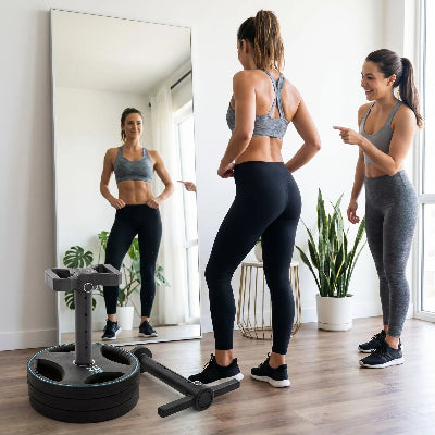 kettlebell kettlebell disque ajoute elle regarde la transformation dans le miroir