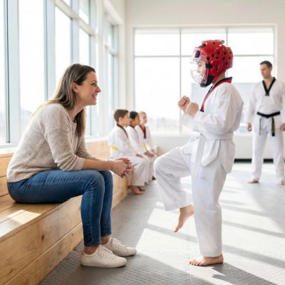 maman assise sur banc souriante son fils avec boxe casque