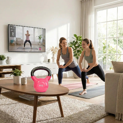 mère fille salon fait étirement une kettlebells 4 kg sur la table