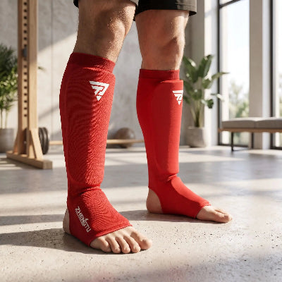 Paire de protege tibia rouge porte par un homme