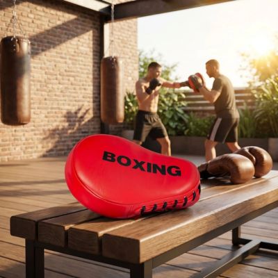 pao boxe rouge sur banc deux hommes arriere-plan entrainement
