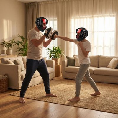 pere fils casque de box au salon pratiquent leur coup