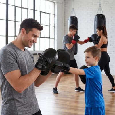 petite famille pratiquant leurs coups de poing avec pao boxe