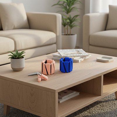poids poignet plaque triangulaire rose bleu sur table en bois