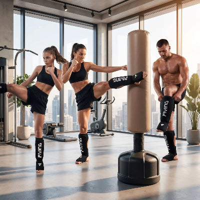 Protège tibia porte par trois sportifs pendant un entrainement de kickboxing