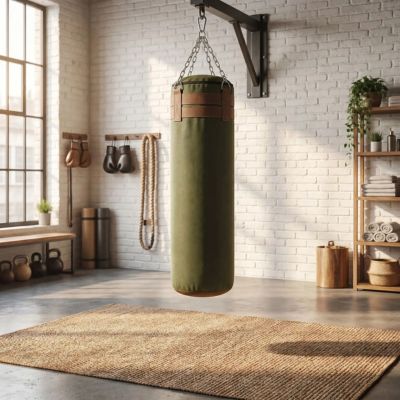 sac de boxe vert suspendu a une chaine support mural