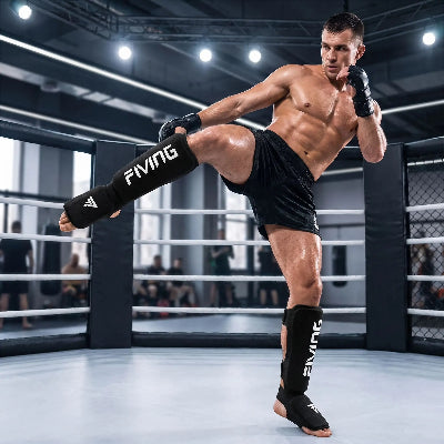 Sportif en plein coup de pied portant un protège tibia noir et blanc
