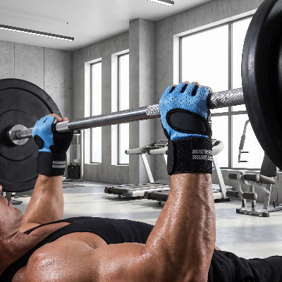 Sportif execute un souleve couche avec gant musculation bleu