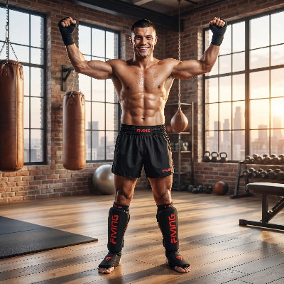 Sportif souriant portant un protège tibia noir et rouge