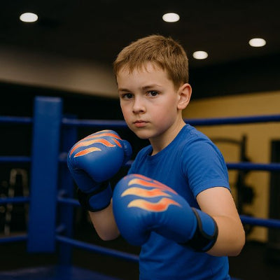 Un enfant prêt au combat avec gant de boxe bleu