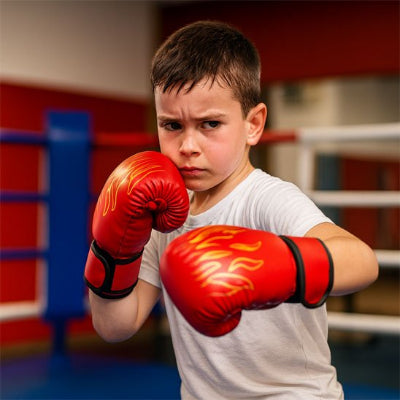 Un jeune garçon dans un ring avec gant de boxe